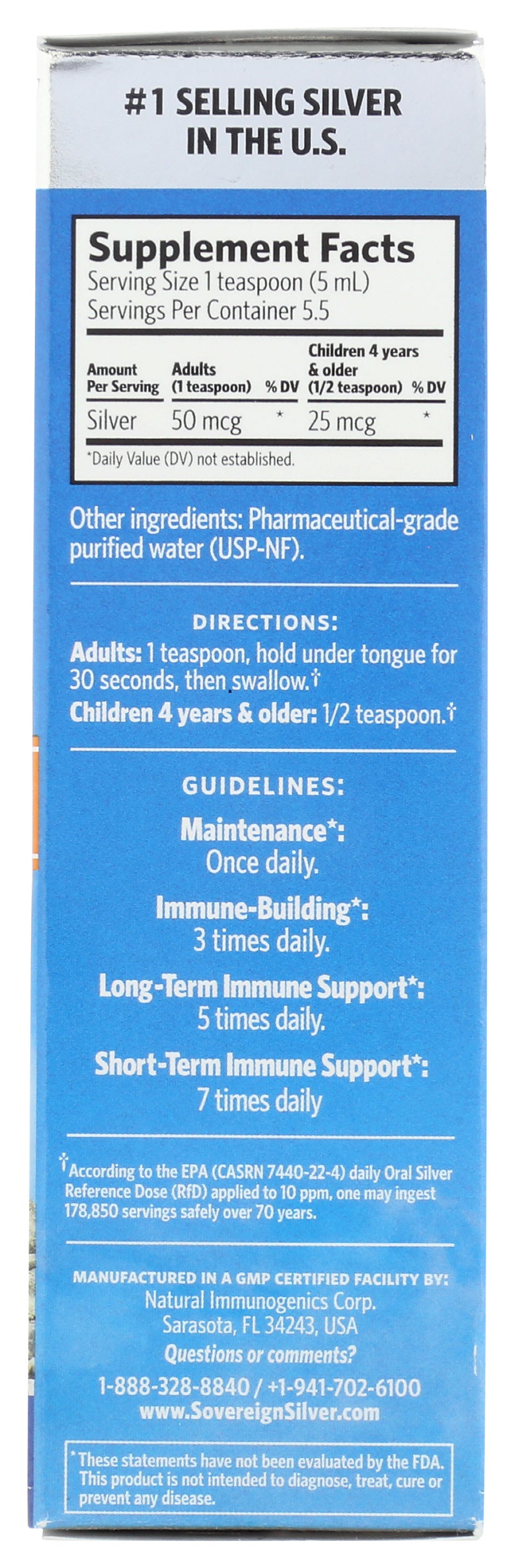 Sovereign Silver Bio-Active Silver Hydrosol Travel Size 1 Fl. Oz. Back of Box