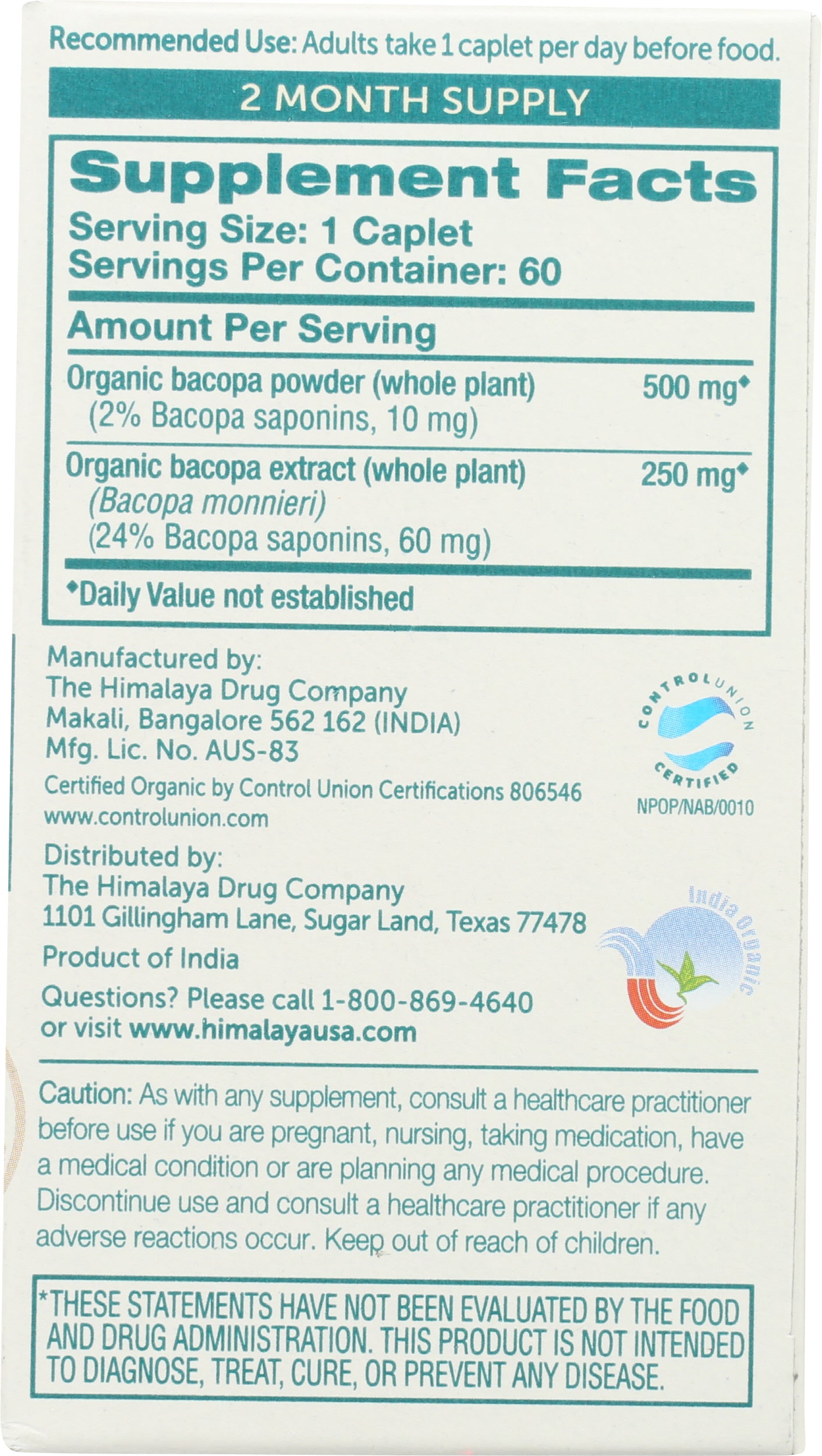 Himalaya Organic Bacopa 60 Caplets Back of Bottle