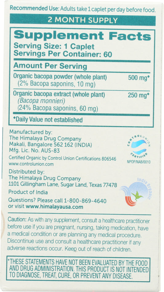 Himalaya Organic Bacopa 60 Caplets Back of Bottle