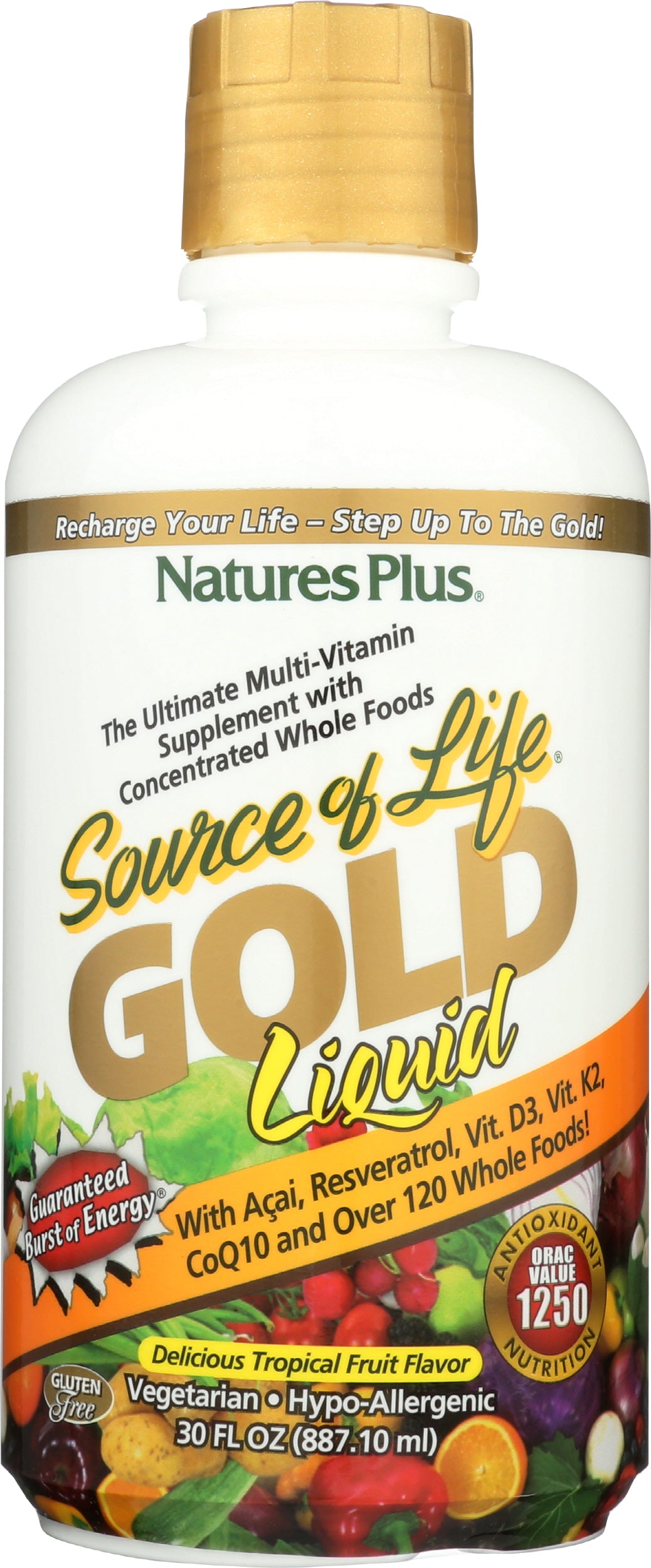 Natures Plus Source of Life Gold Liquid Tropical Fruit 30 fl oz Front of Bottle