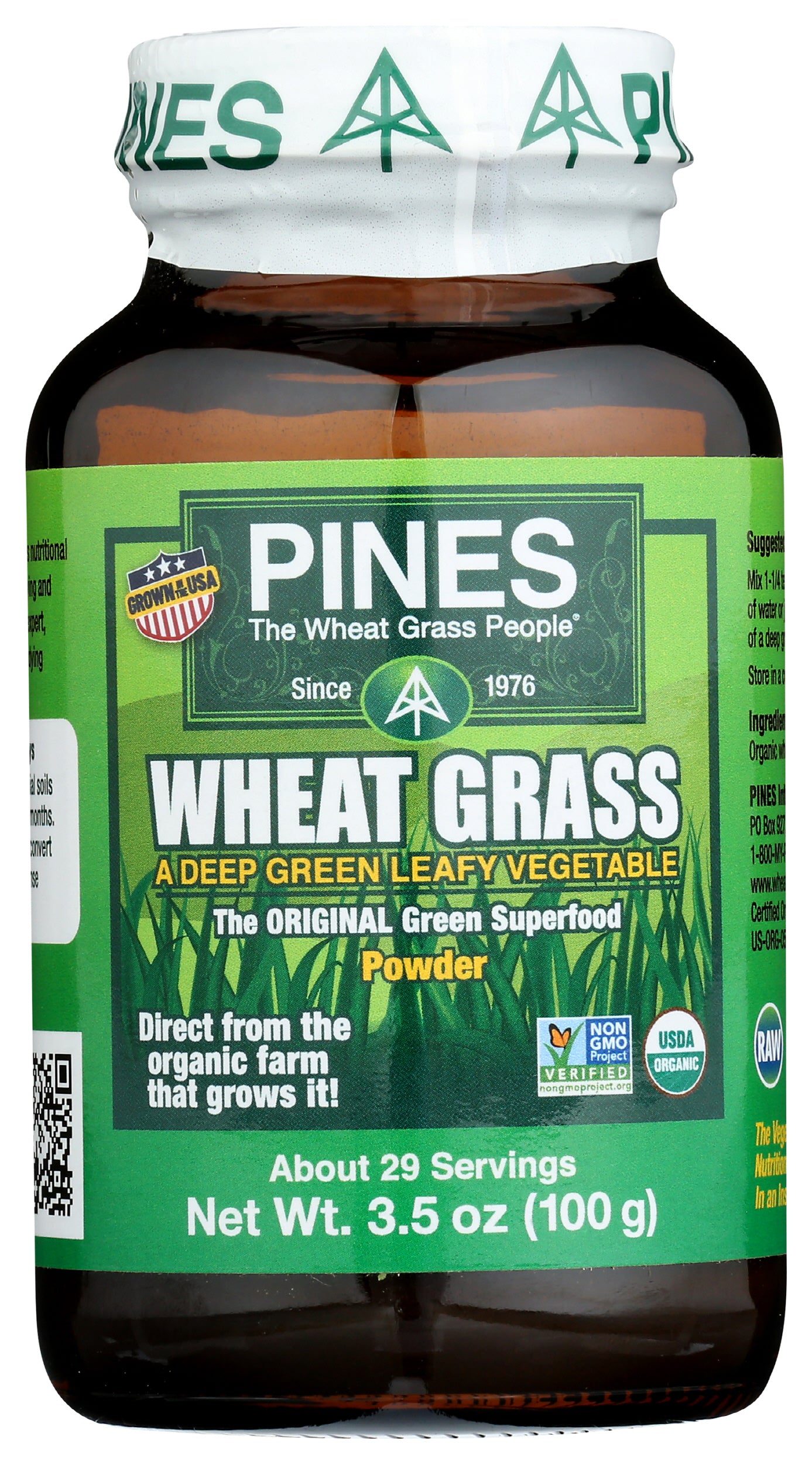 Pines Wheat Grass Powder 3.5oz Front of Bottle