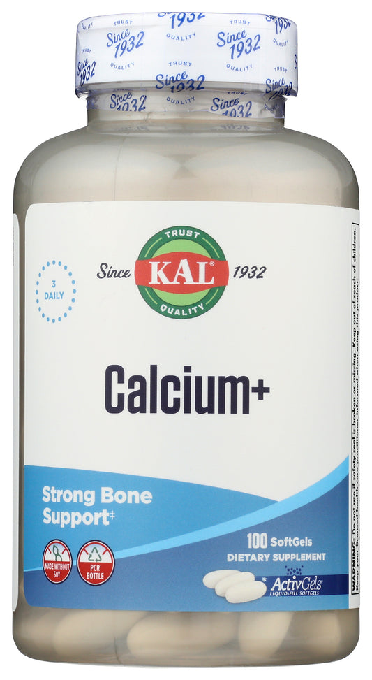 KAL Calcium+100 Soft Gels Front of Bottle