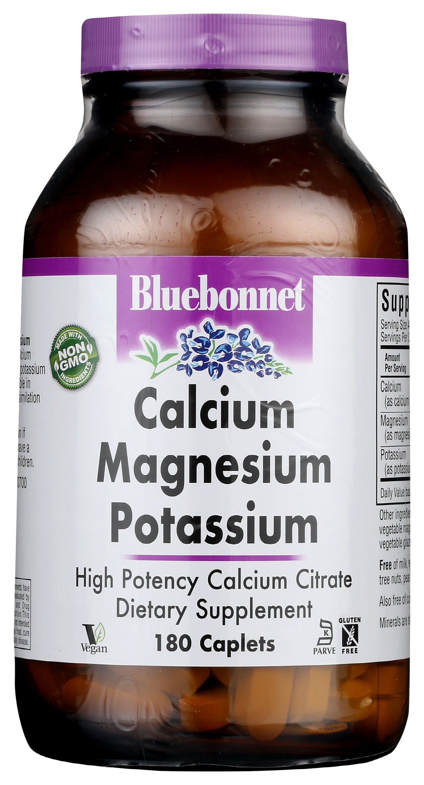 Bluebonnet Calcium Magnesium Potassium 180 Caplets Front of Bottle