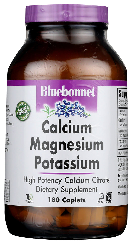Bluebonnet Calcium Magnesium Potassium 180 Caplets Front of Bottle