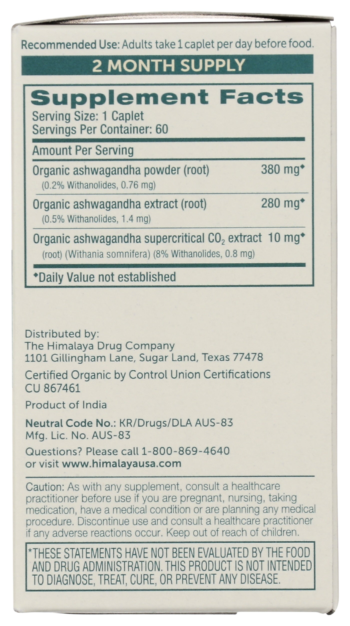 Himalaya Organic Ashwagandha 60 Caplets