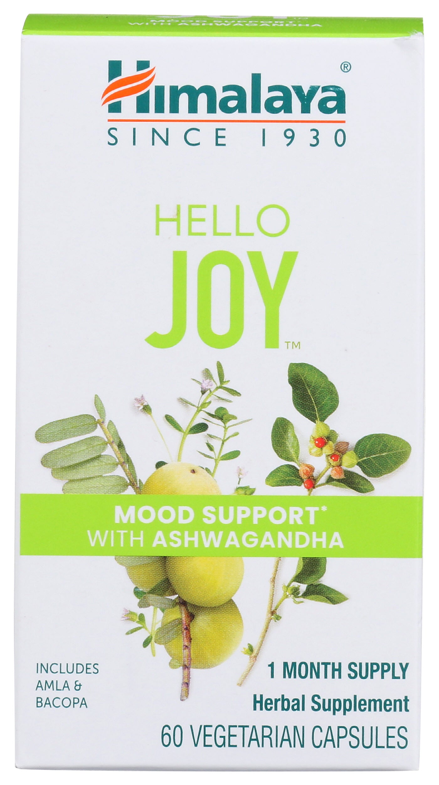 Himalya Hello Joy Mood Support with Ashwagandha 60 Vegetarian Capsules Front of Box