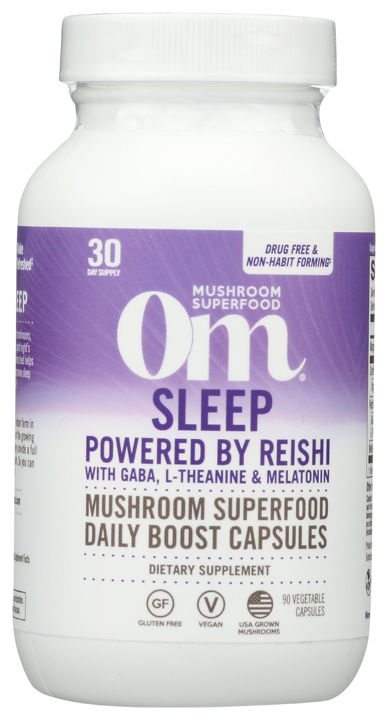 Om Mushroom Superfood Sleep 90 Vegetable Capsules Front of Bottle