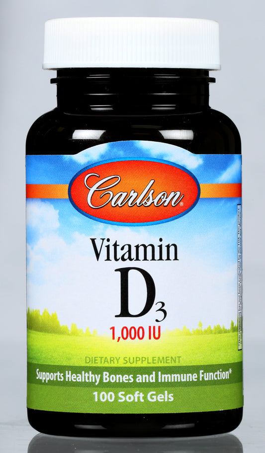 Carlson Vitamin D3 1,000 IU 100 Soft Gels Front of Bottle