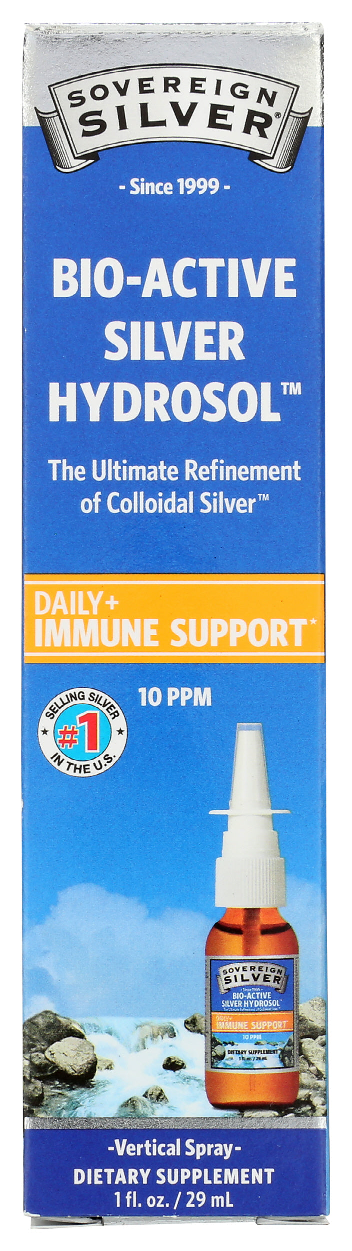 Sovereign Silver Bio-Active Silver Hydrosol Vertical Spray 1 Fl. Oz. Front of Box