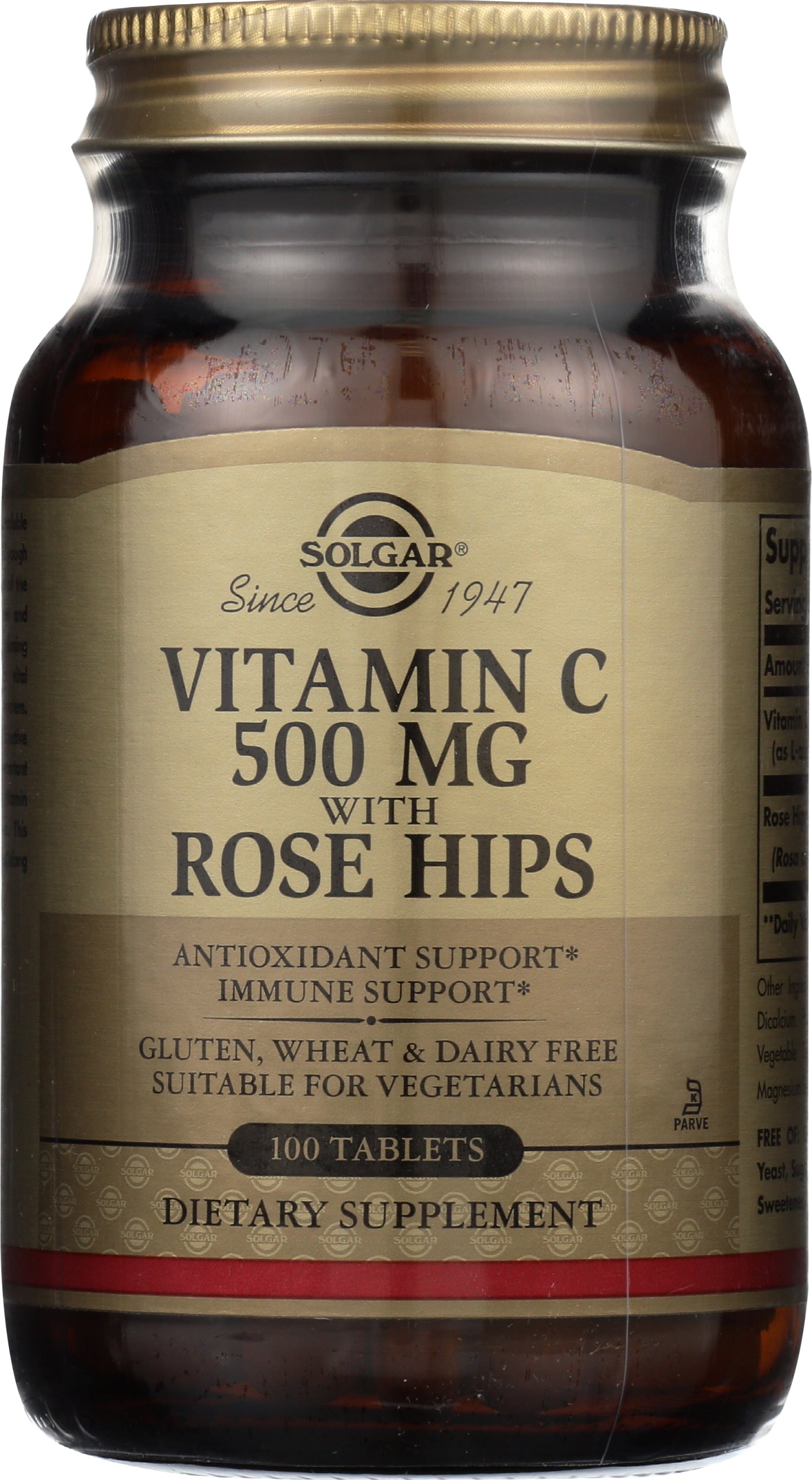 Solgar Vitamin C 500mg with Rose Hips 100 Tablets Front of Bottle