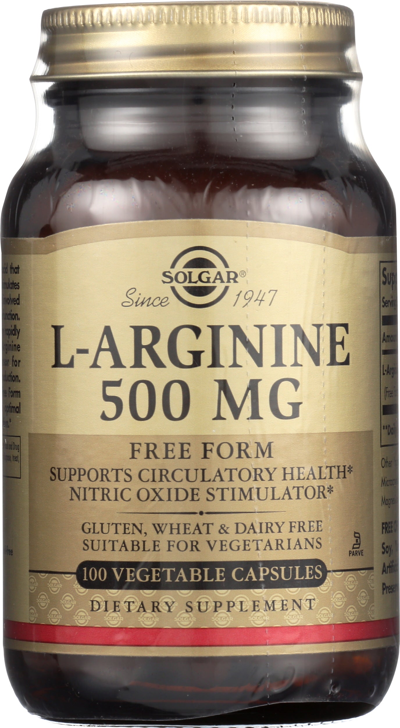 Solgar L-Arginine 500 mg 100 Vegetable Capsules Front
