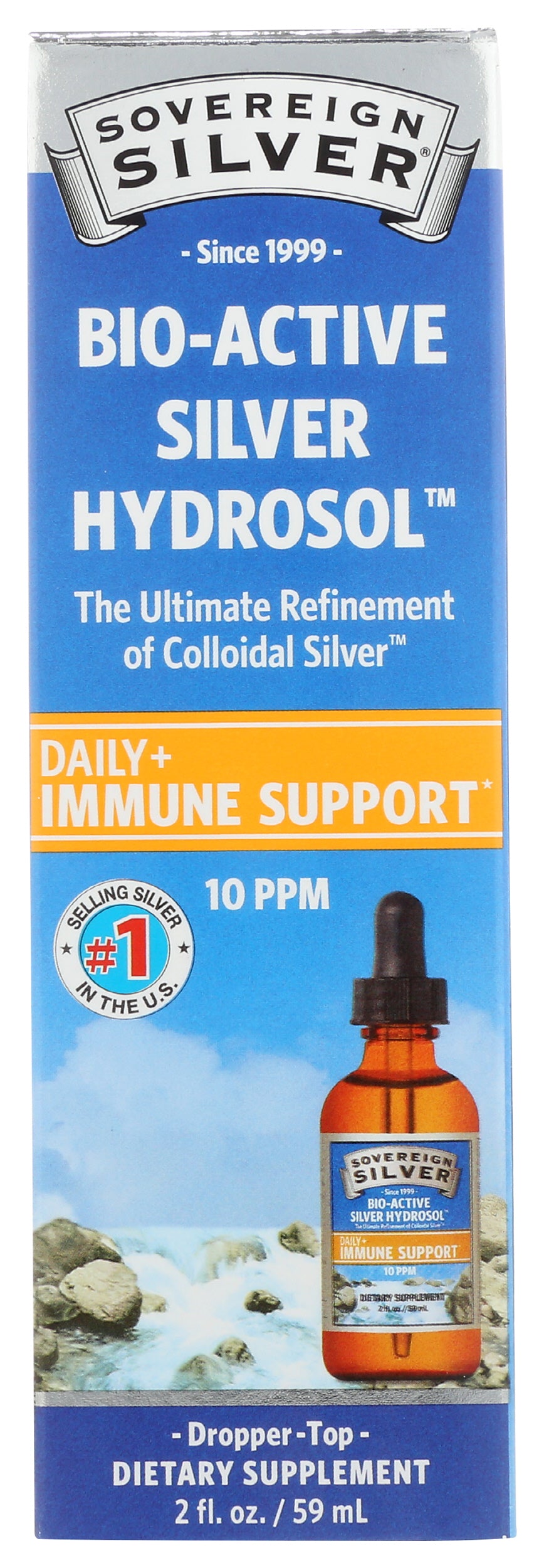 Sovereign Silver Bio-Active Silver Hydrosol Dropper-Top 2 Fl. Oz. Front of Box