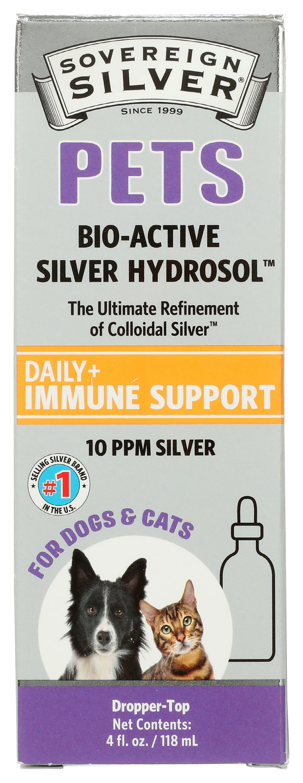 Sovereign Silver Pets Bio-Active Silver Hydrosol 4 Fl. Oz. Front of Box