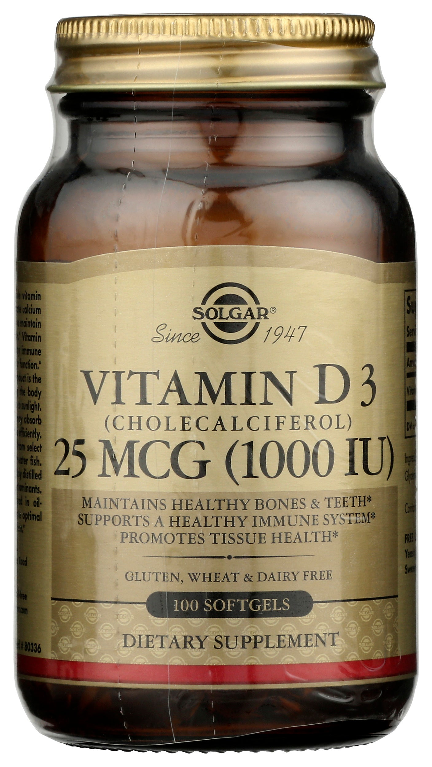 Solgar Vitamin D3 1,000 IU 100 Soft Gels Front of Bottle