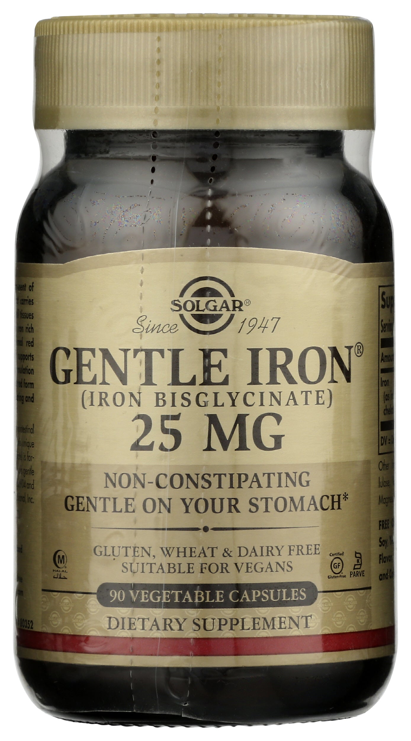 Solgar Gentle Iron 25mg 90 Vegetable Capsules Front of Bottle