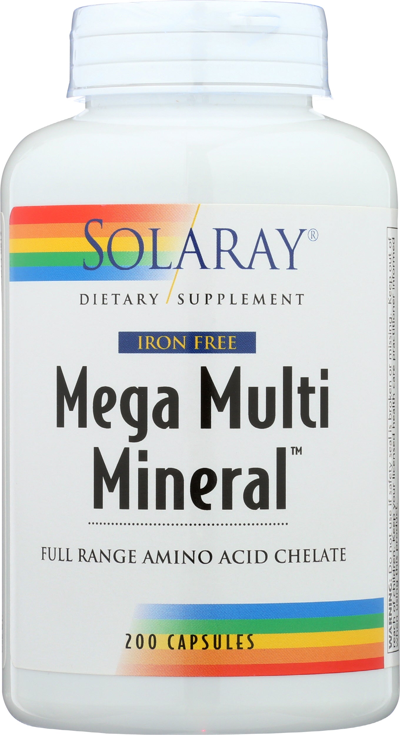 Solaray Iron-Free Mega Multi Mineral 200 Capsules Front of Bottle