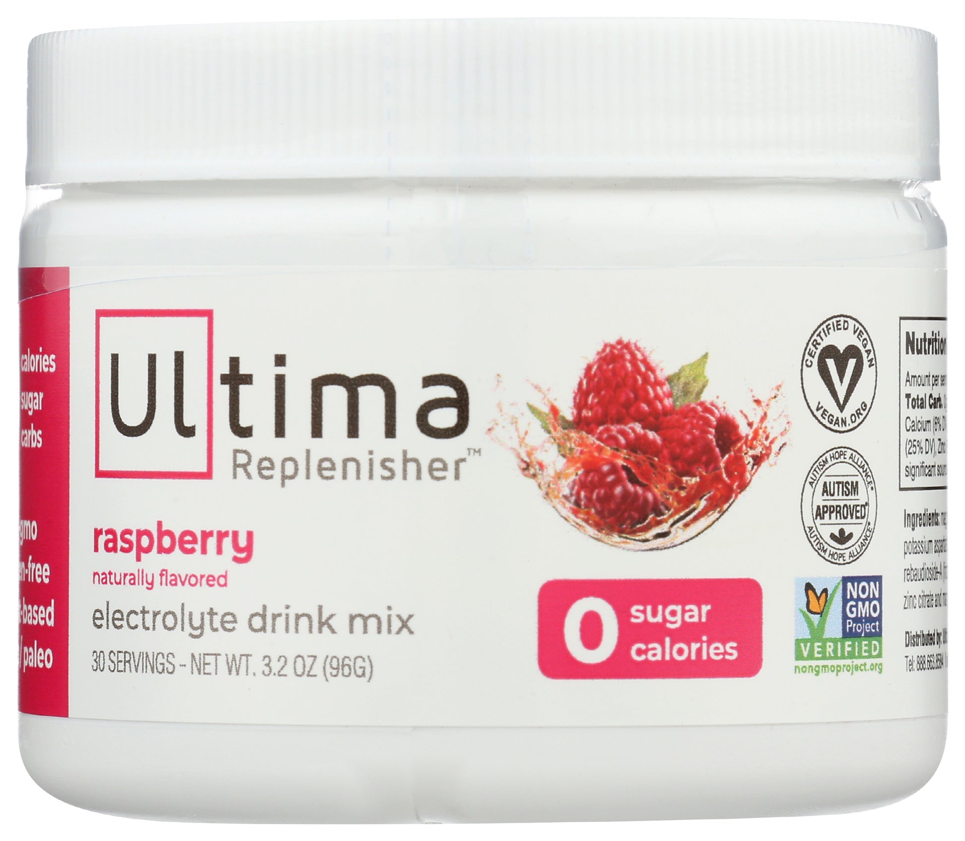 Ultima Replenisher Electrolyte Mix Raspberry Flavor 96g Front of Bottle