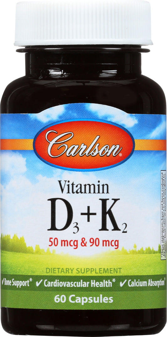 Carlson Vitamin D3+K2 60 Vegetarian Capsules Front of Bottle