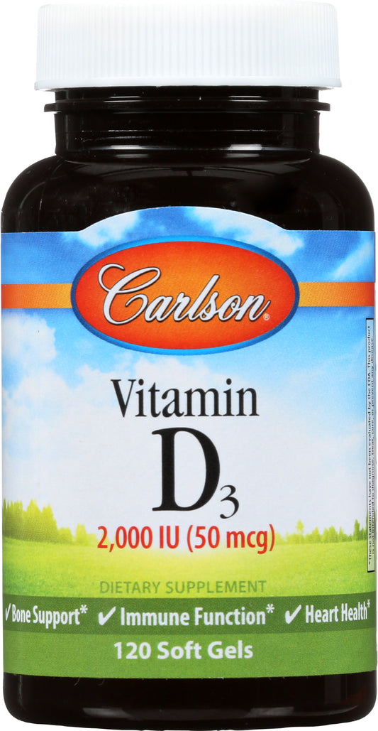 Carlson Vitamin D3 2,000 IU 120 Soft Gels Front of Bottle