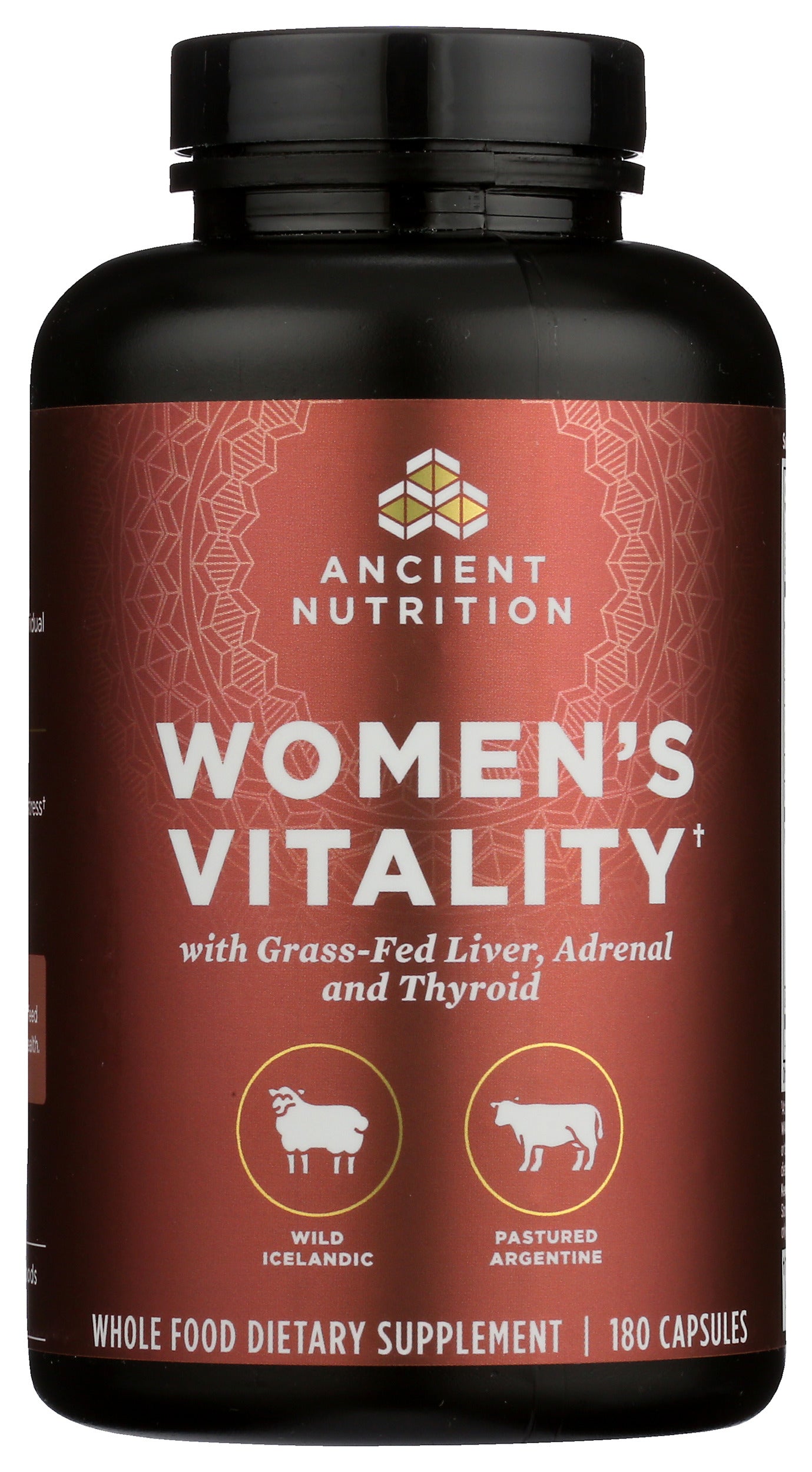 Ancient Nutrition Women's Vitality with Grass-Fed Liver, Adrenal and Thyroid 180 Capsules Front