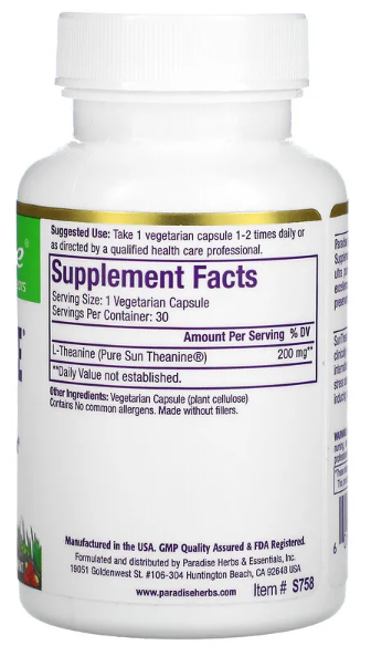 Paradise Sun Theanine 30 Vegetarian Capsules
