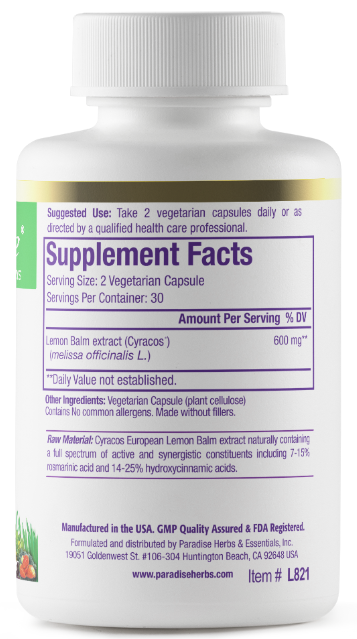 Paradise Lemon Balm 60 Vegetarian Capsules