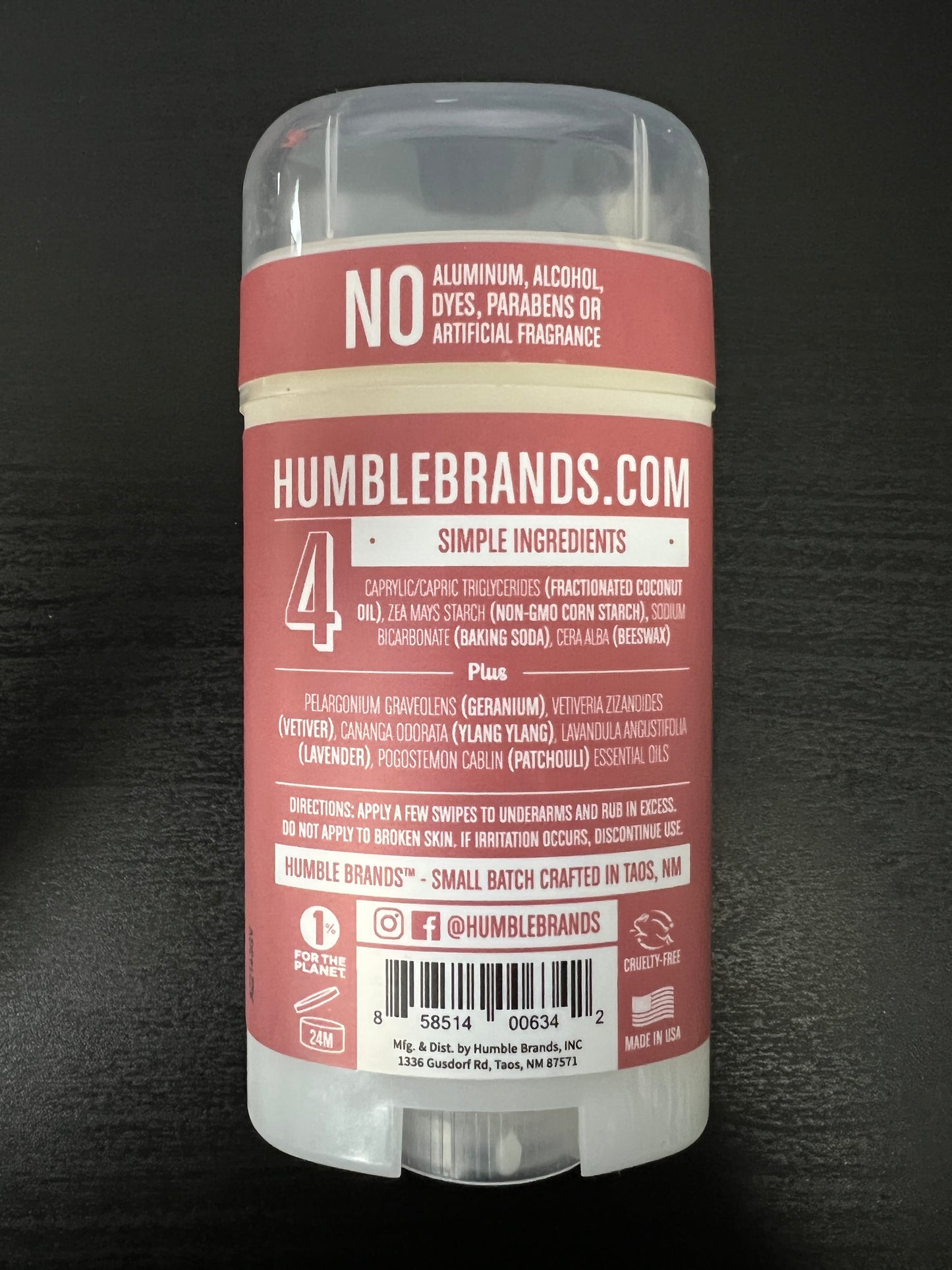 Humble All Natural Deodorant Geranium & Vetiver 2.5oz Back