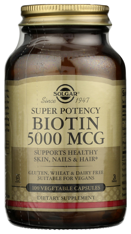 Solgar Biotin 5000 mcg 100 Capsules Front of Bottle