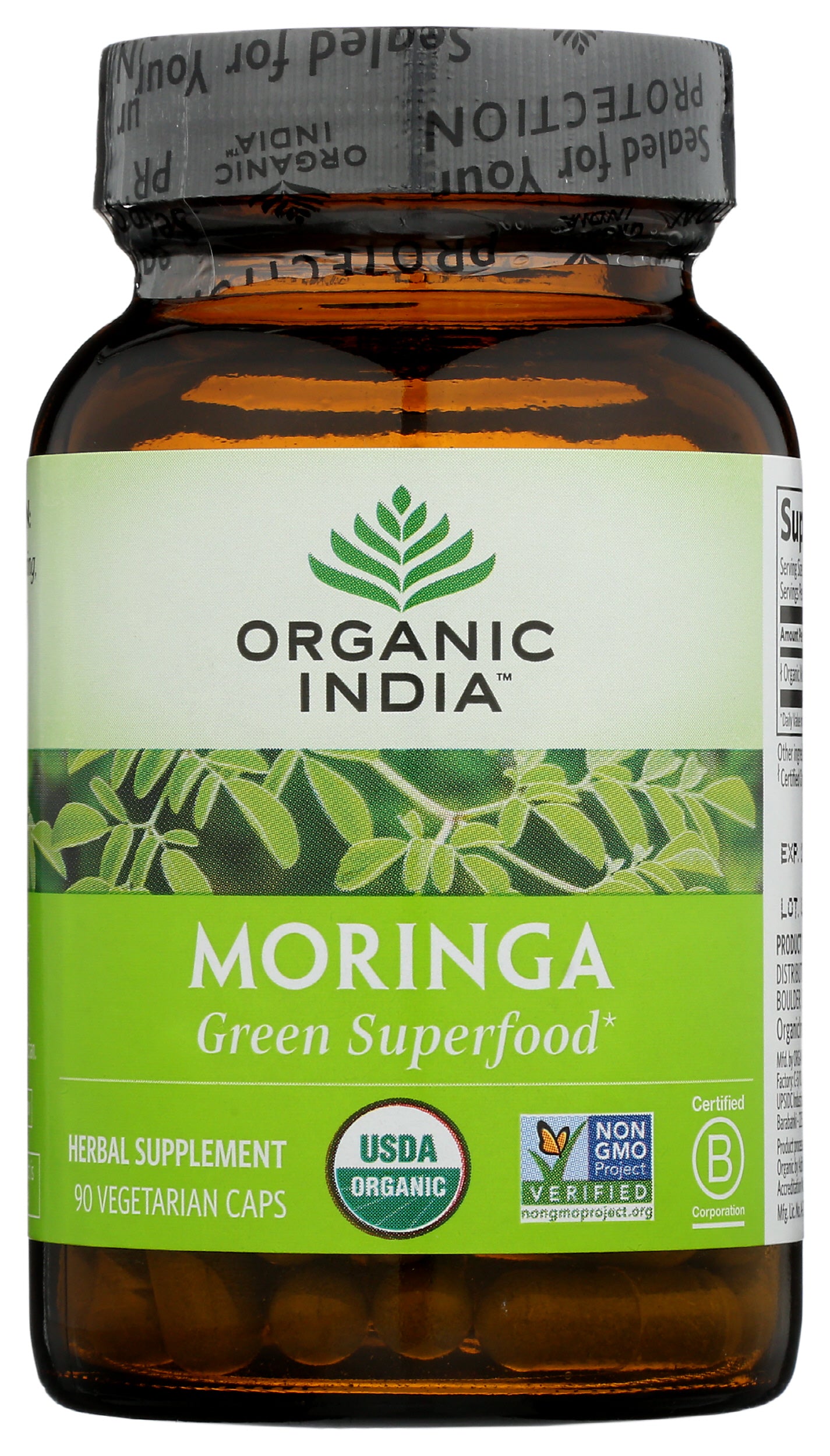 Organic India Moringa 90 Vegetarian Caps Front of Bottle