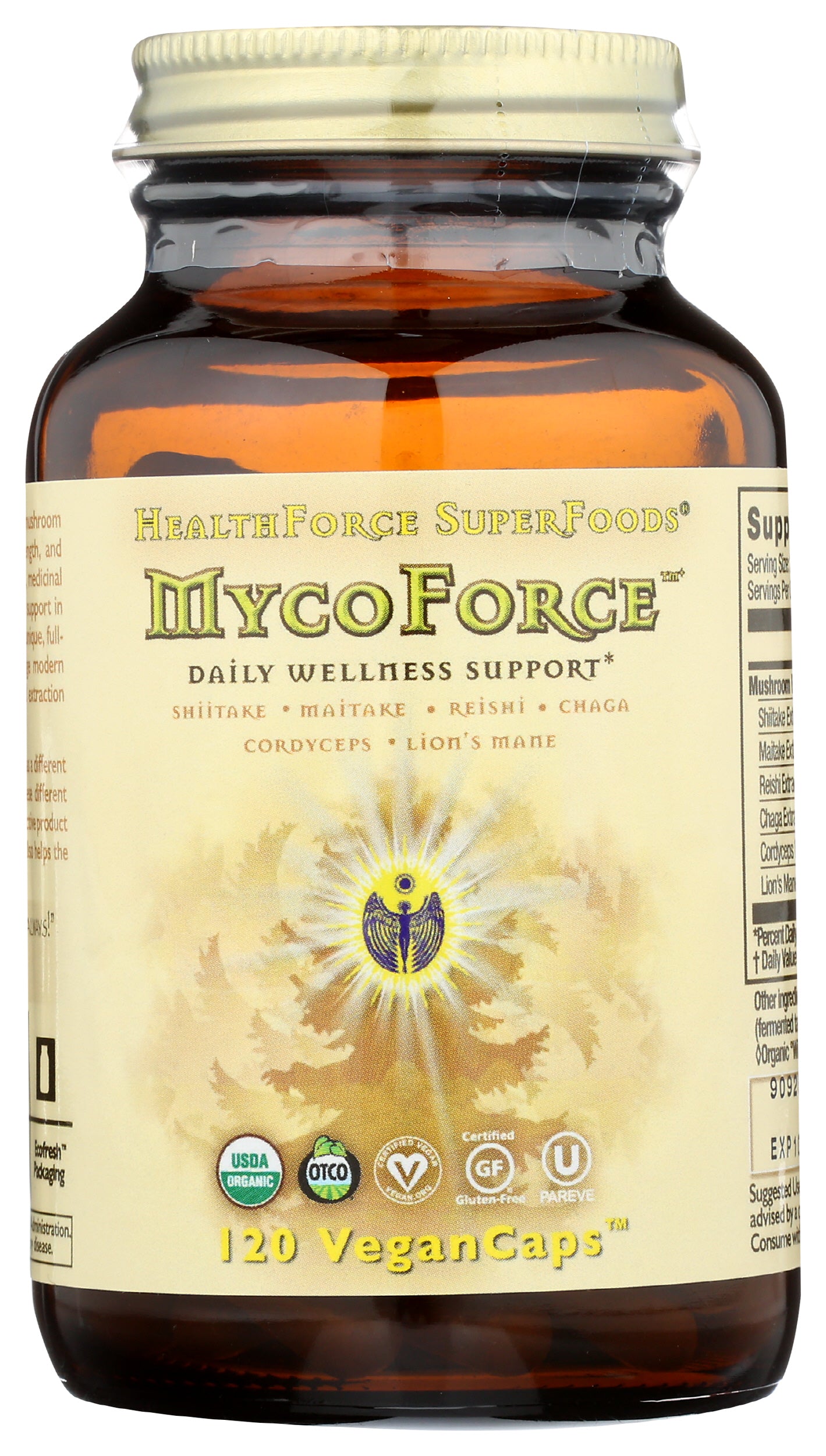 HealthForce SuperFoods MycoForce 120 VeganCaps Front of Bottle
