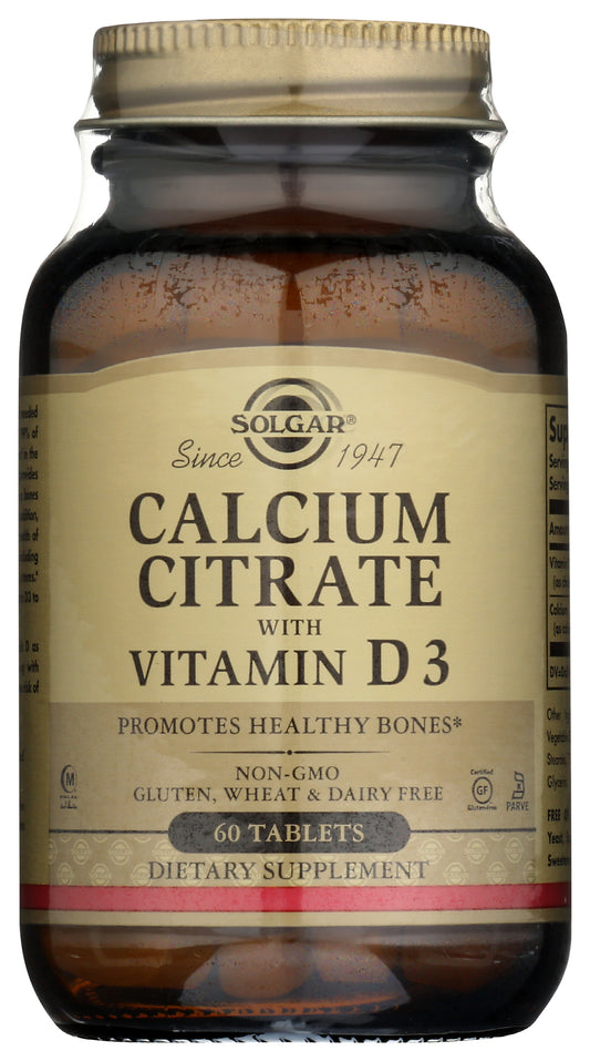 Solgar Calcium Citrate with Vitamin D3 60 Tablets Front of Bottle