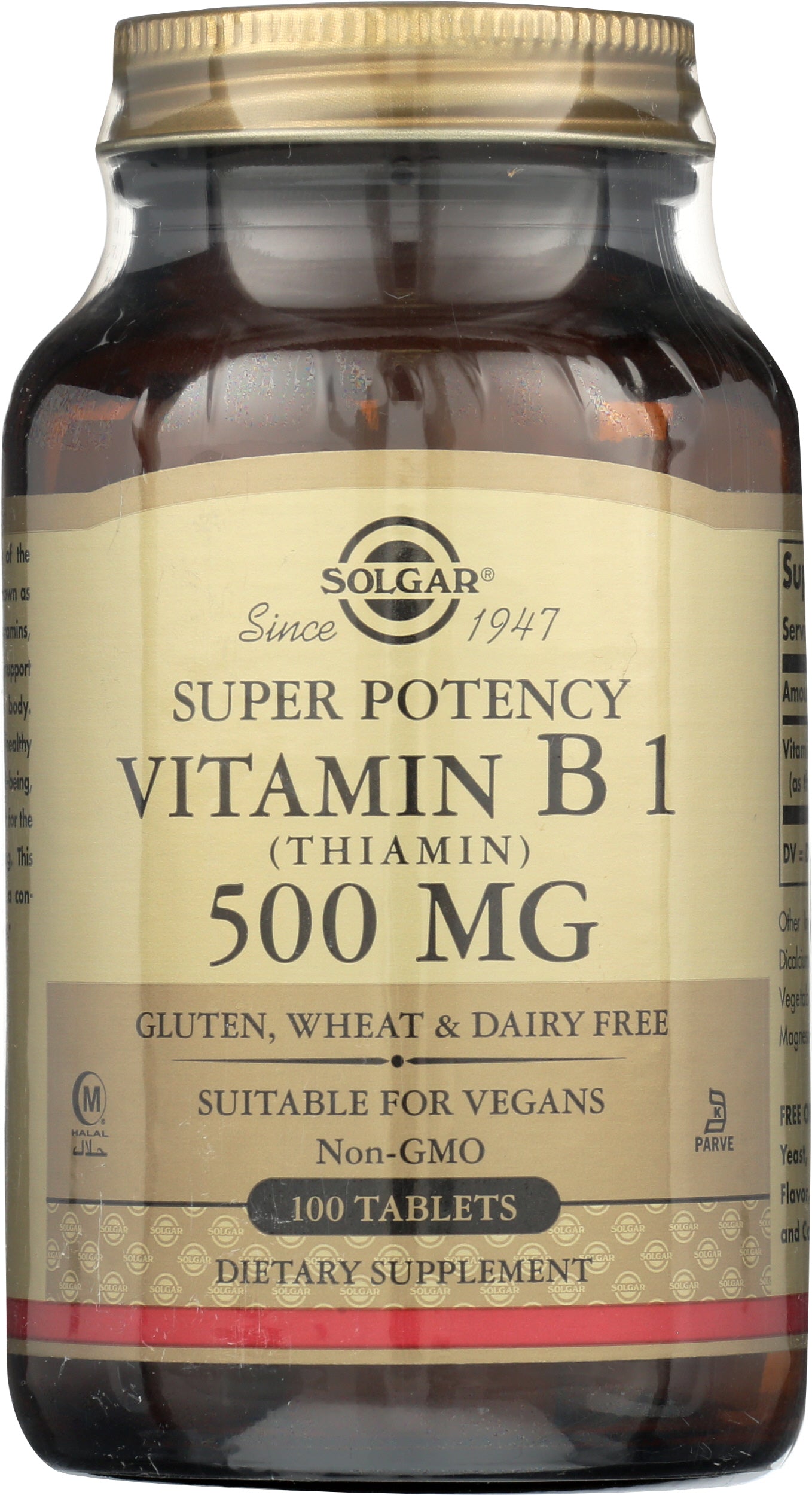 Solgar Vitmain B 1 (Thiamin) 500 mg 100 Tablets Front of Bottle