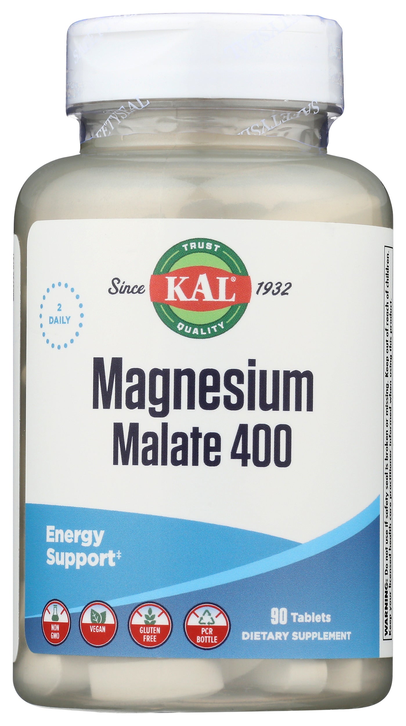 KAL Magnesium Malate 400 90 Tablets Front of Bottle