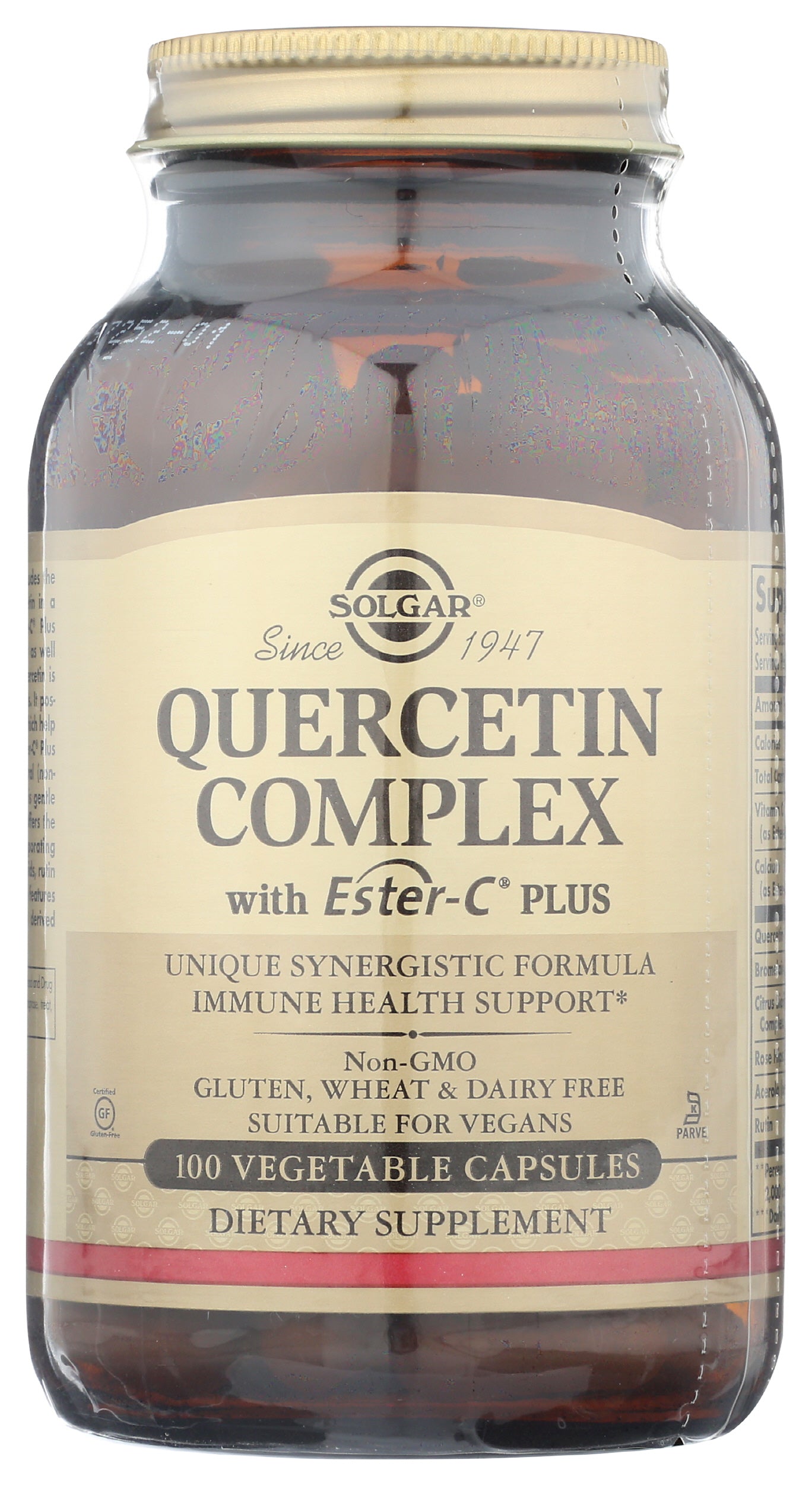 Solgar Quercetin Complex with Ester-C Plus 100 Vegetable Capsules Front of Bottle