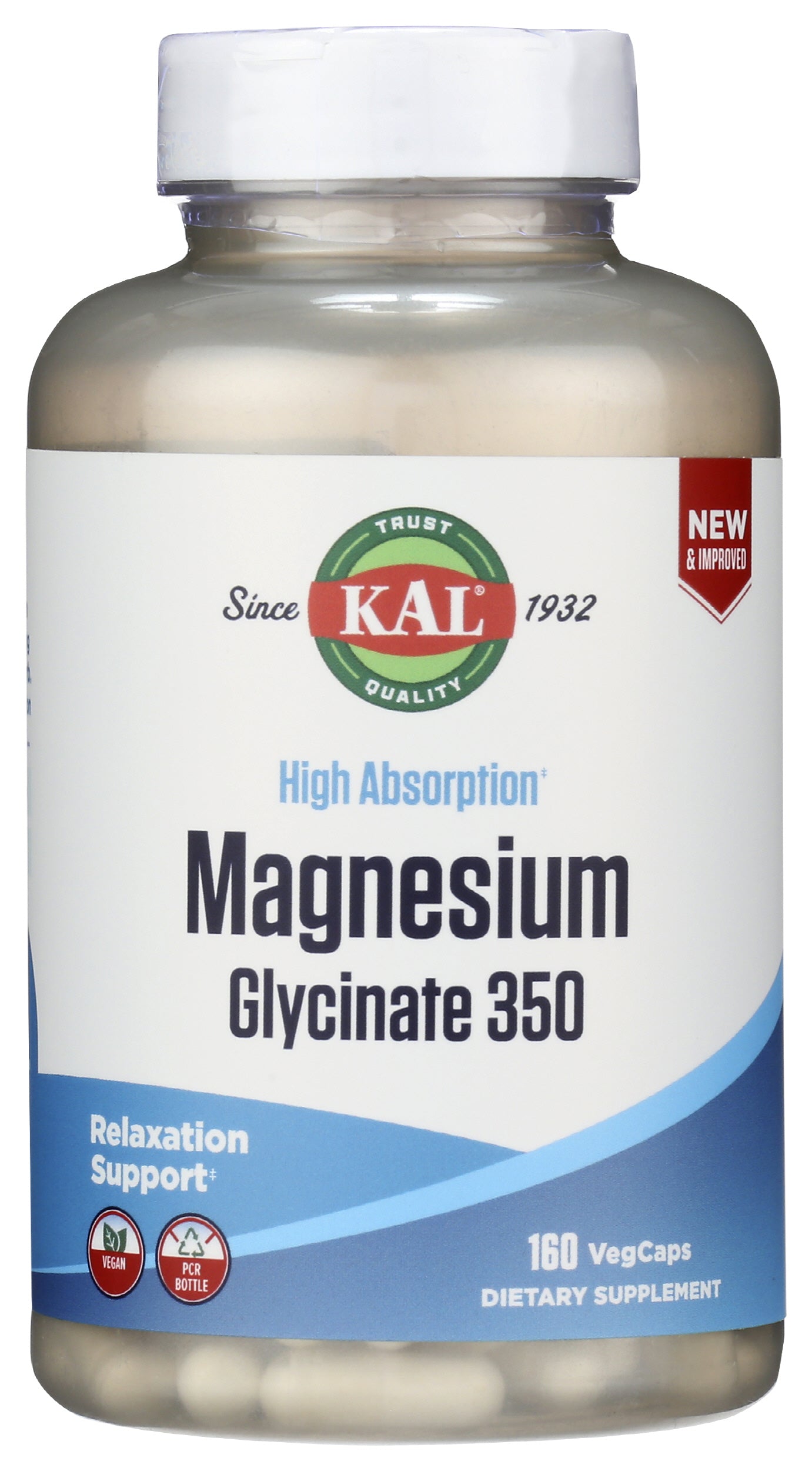 KAL Magnesium Glycinate 350 160 VegCaps Front of Bottle