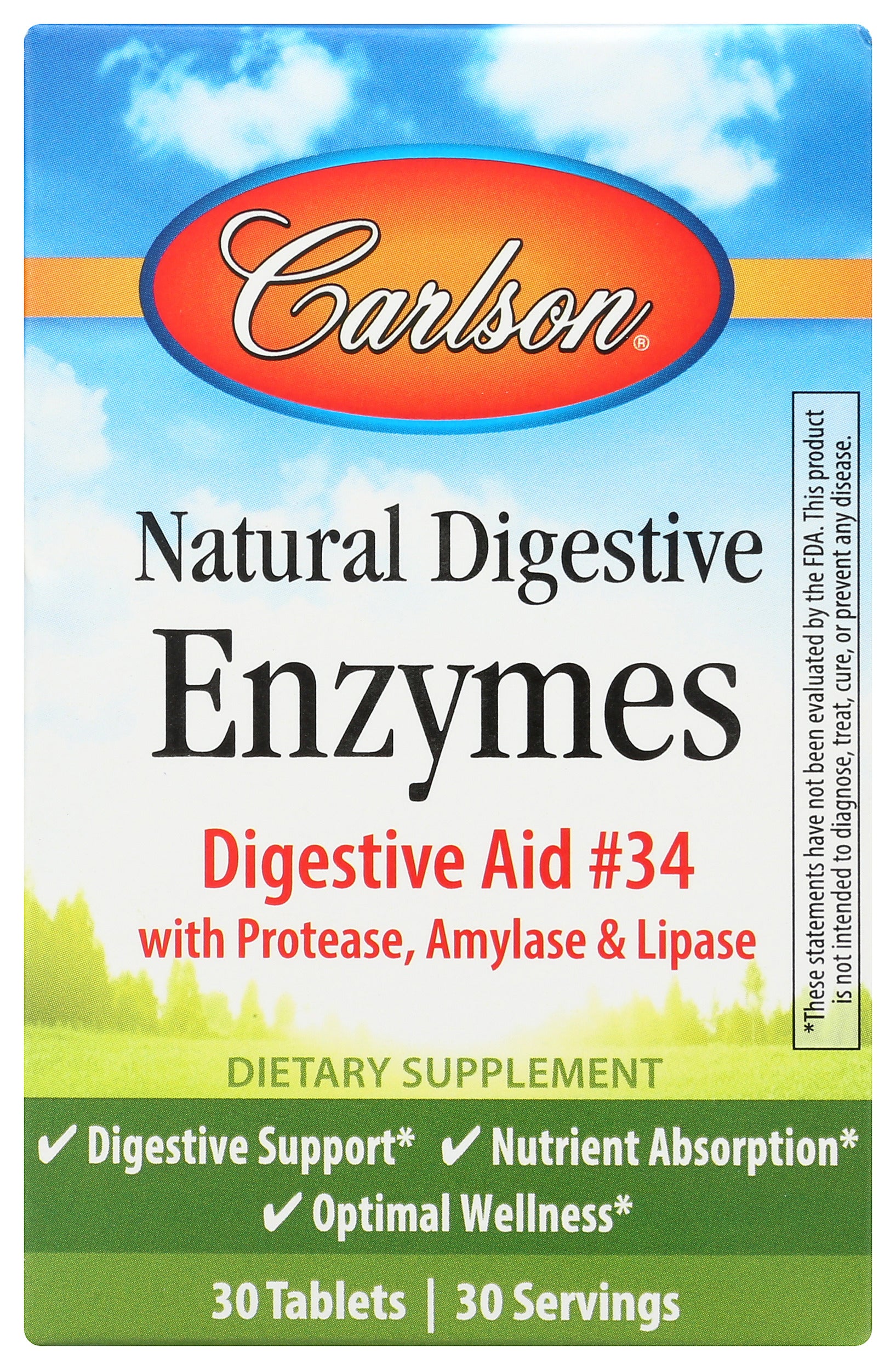 Carlson Natural Digestive Enzymes 30 Tablets Front