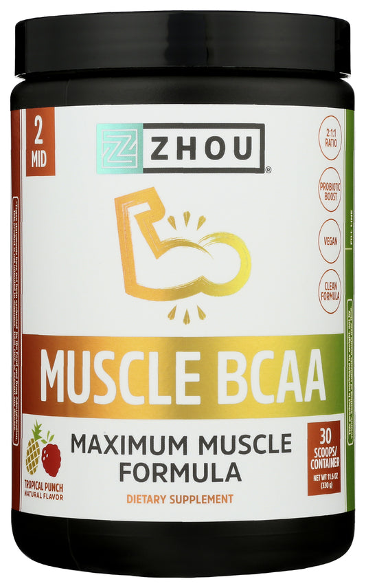 Zhou Muscle BCAA Powder Tropical Punch Flavor 330g Front of Bottle