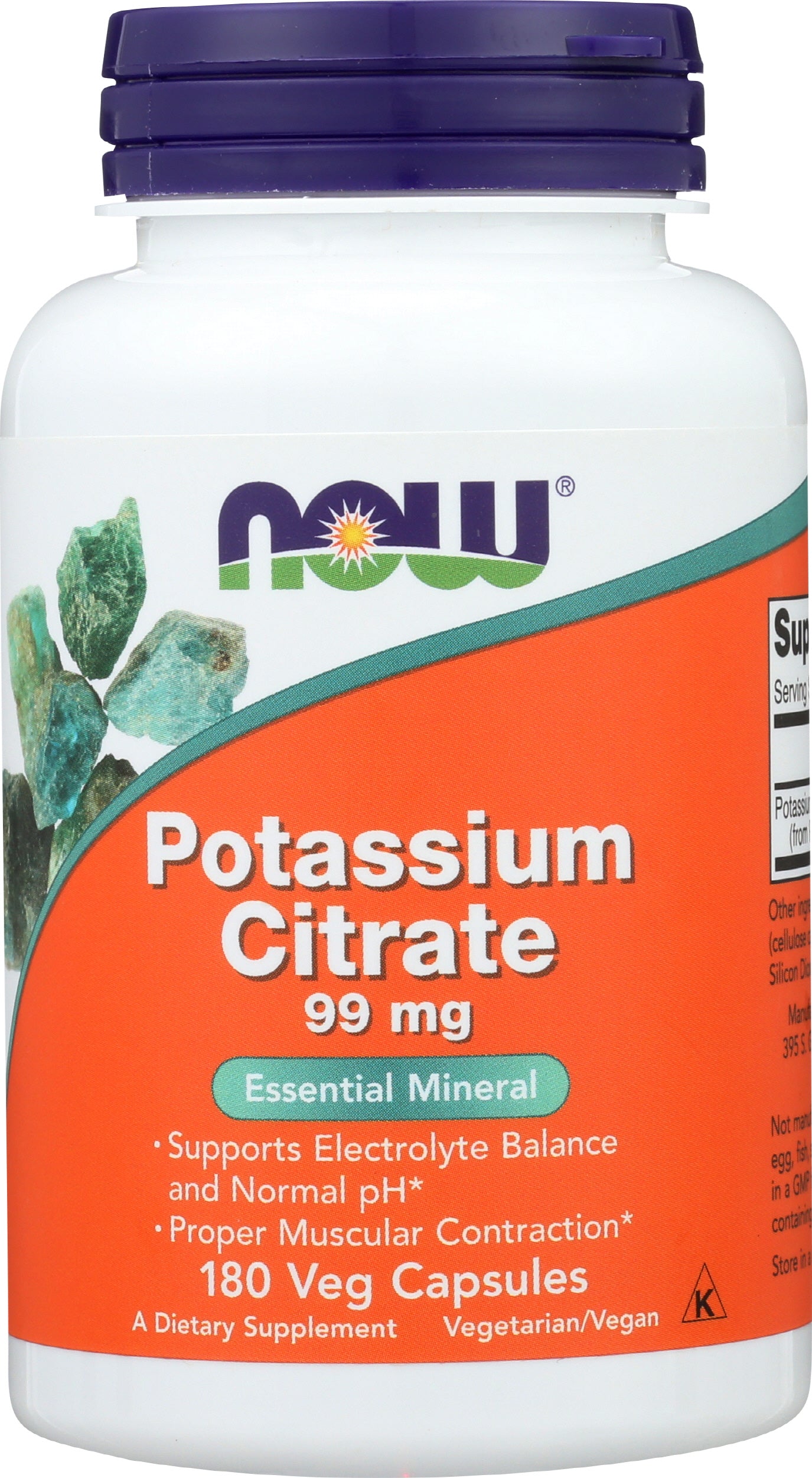 NOW Potassium Citrate 99mg 180 Veg Capsules Front of Bottle