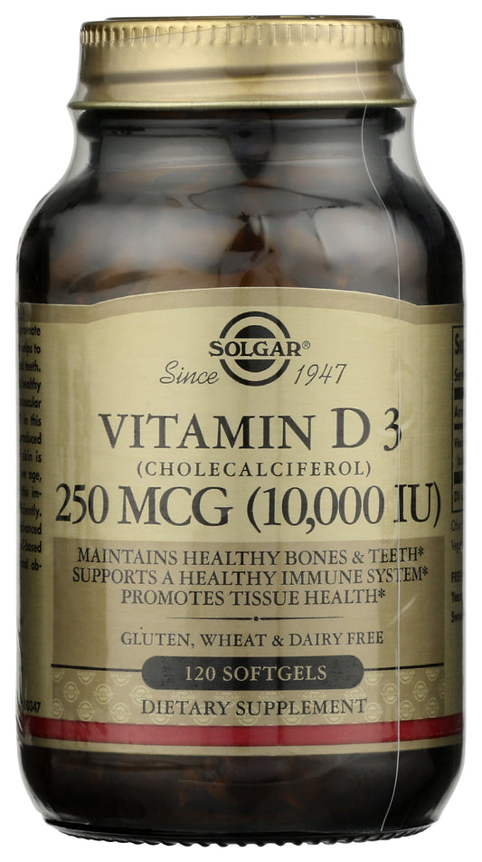 Solgar Vitamin D3 10,000 IU 120 Soft Gels Front of Bottle