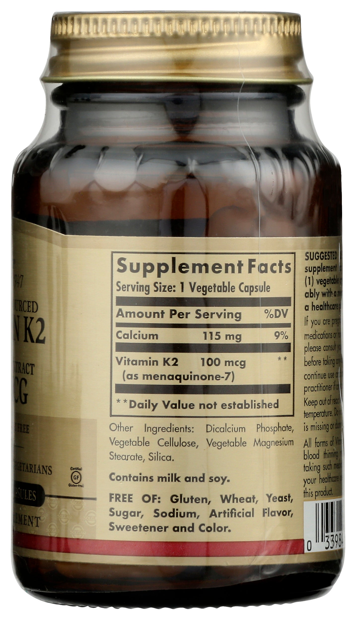 Solgar Vitamin K2 MK-7 100mcg 50 Vegetable Capsules Back of Bottle