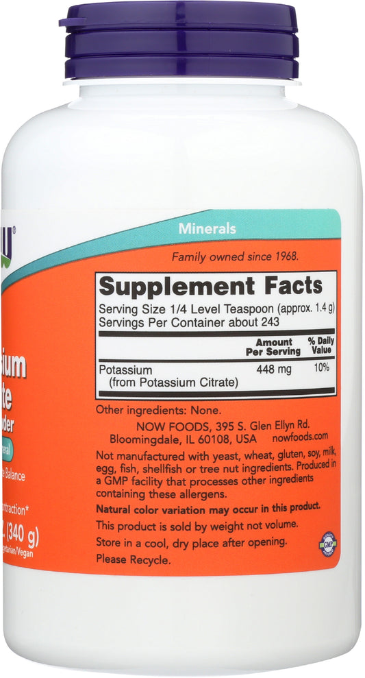 NOW Potassium Citrate Powder 12oz Back of Bottle