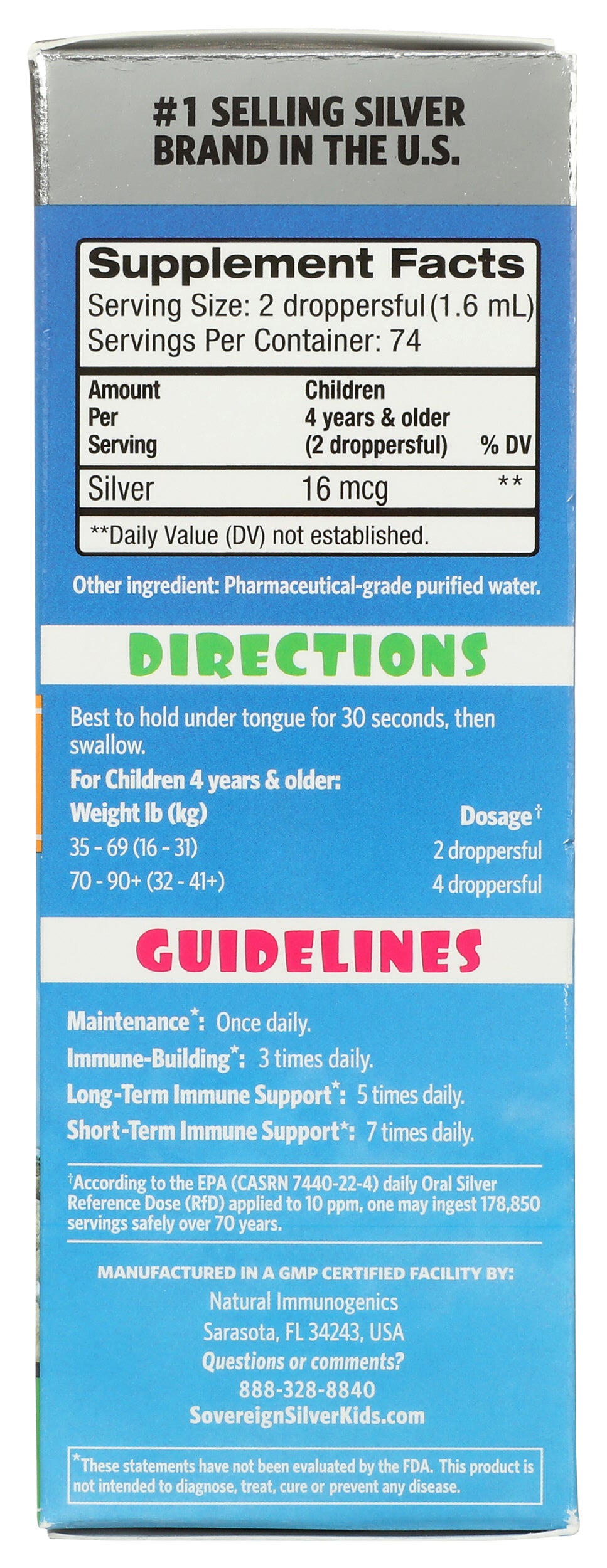 Sovereign Silver Kids Bio-Active Silver Hydrosol Spray 4 Fl. Oz. Back of Box