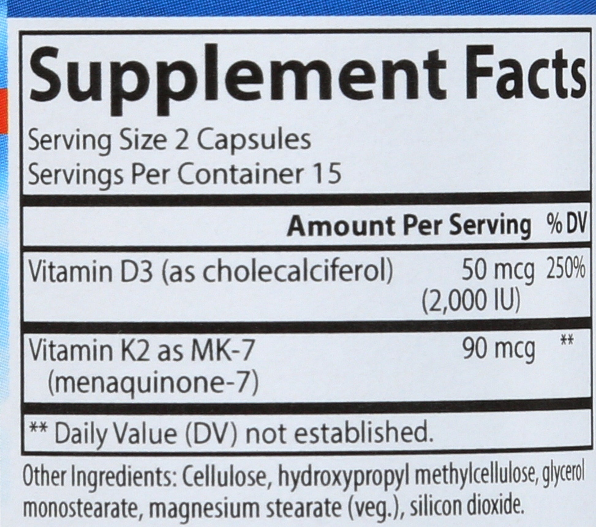Carlson Vitamin D3+K2 30 Vegetarian Capsules Back of Bottle