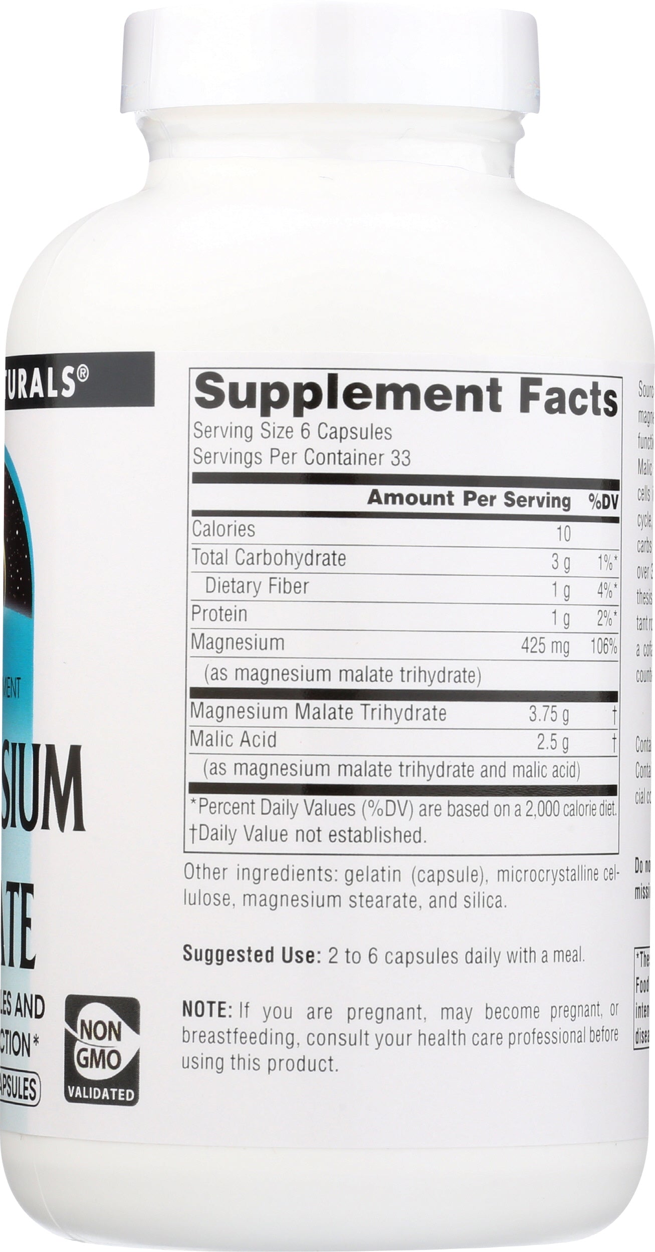 Source Naturals Magnesium Malate 200 Capsules Back of Bottle