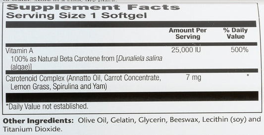 Solaray Food Carotene 25,000 IU 100 Soft Gels Back of Bottle