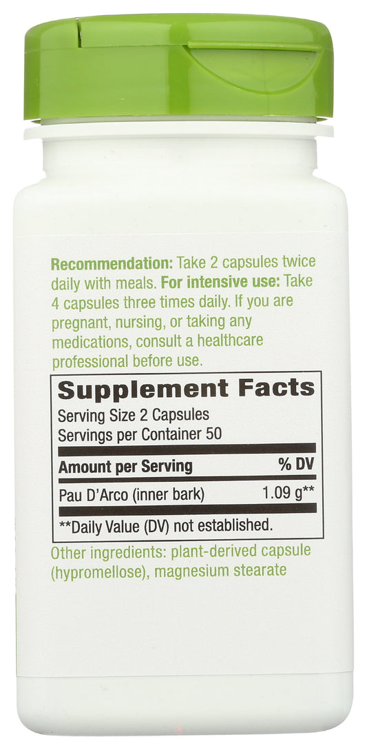 Nature's Way Pau D'Arco 1,090 mg 100 Vegan Capsules Back of Bottle