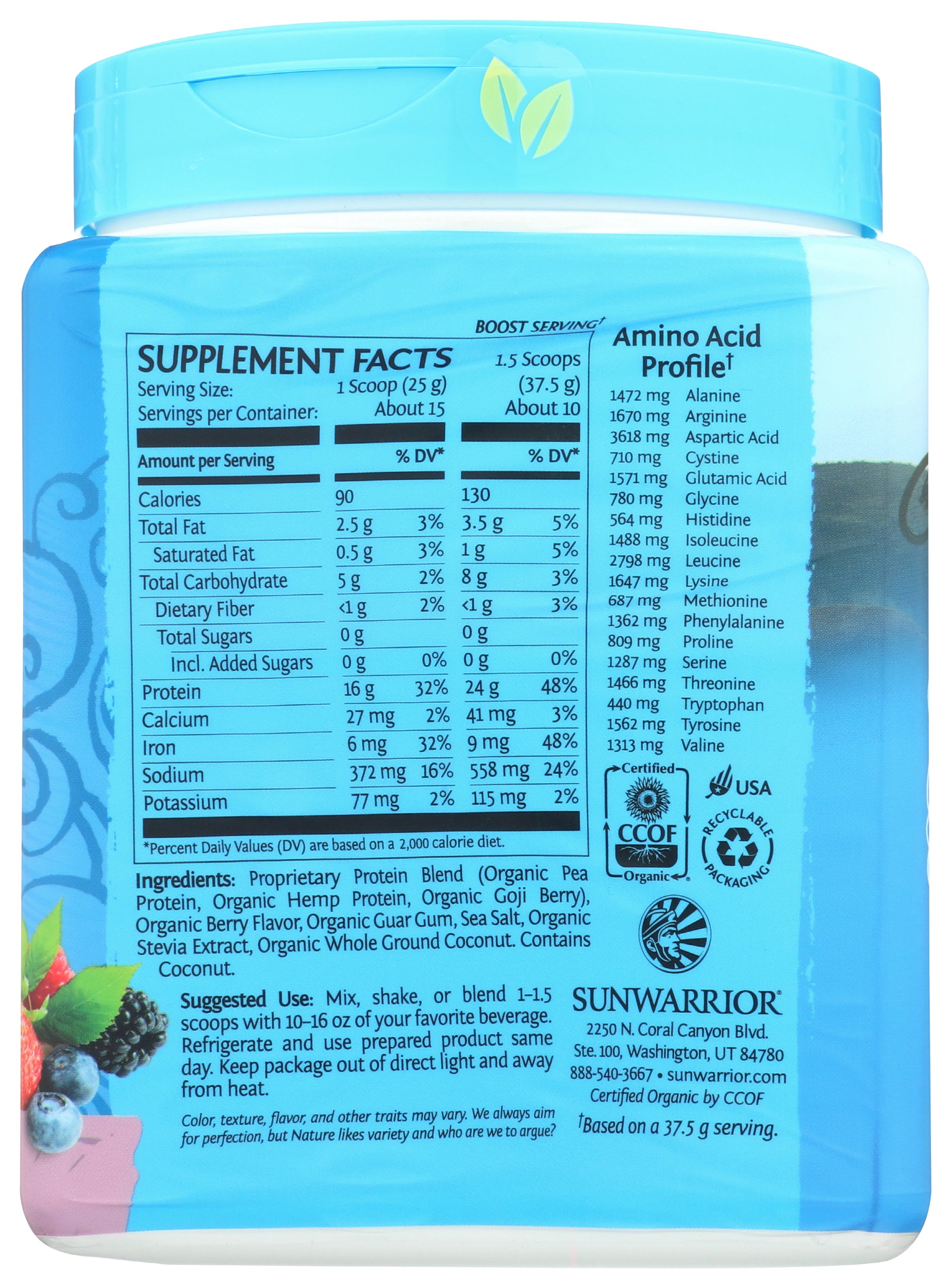 Sunwarrior Protein Powder Warrior Blend Berry Flavor 375g Back of Bottle