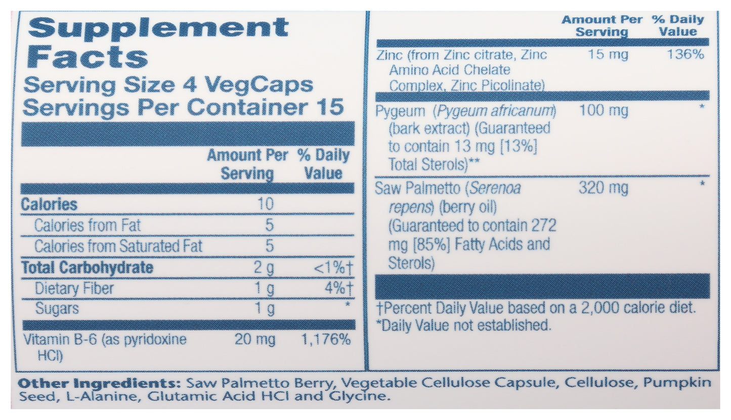 Solaray Saw Palmetto & Pygeum with Zinc 60 VegCaps Back of Bottle