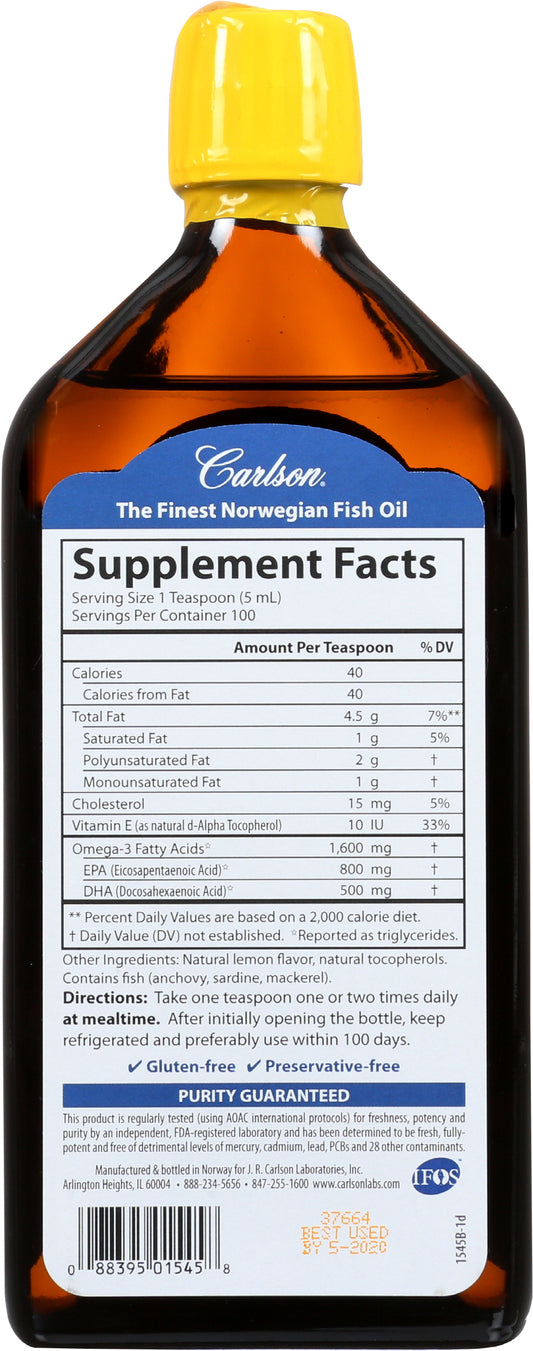 Carlson Fish Oil 1600 mg Back of Bottle