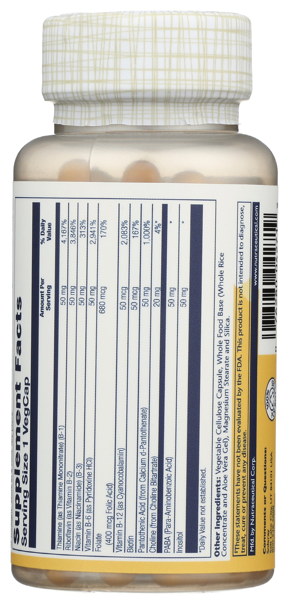 Solaray Vitamin B-Complex 50 100 VegCaps Back of Bottle